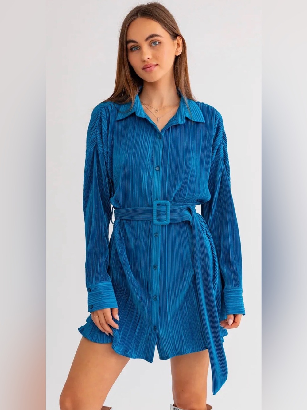 NWT Le Lis Teal Pleated Belted Button-Down Mini Shirt Dress Size M
